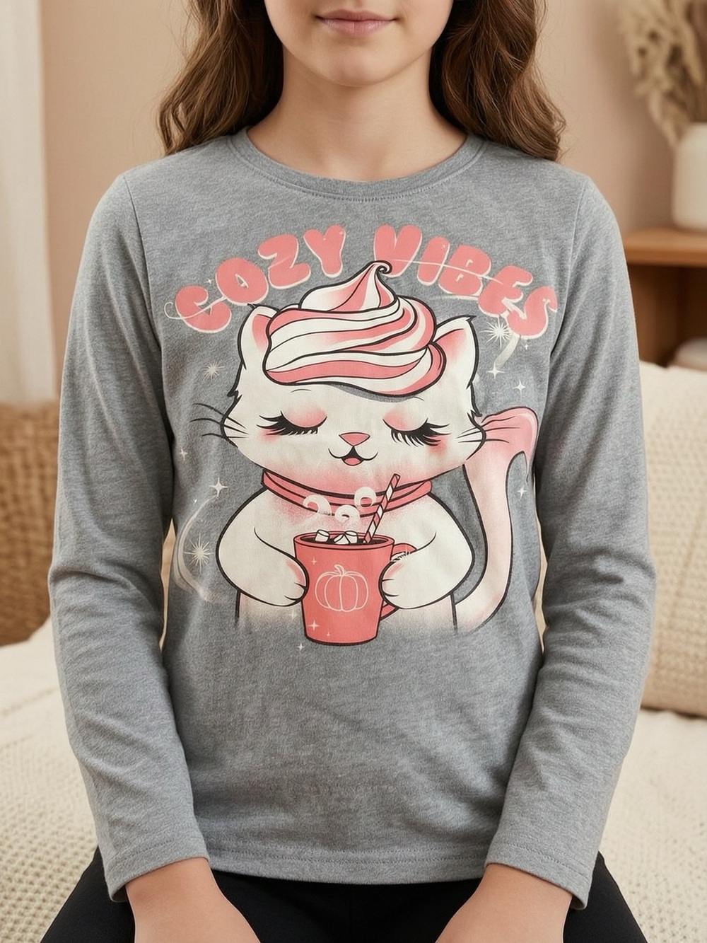 The Children's Place Grey Long Sleeve Tee with Pink Cat 'Cozy Vibes' Graphic